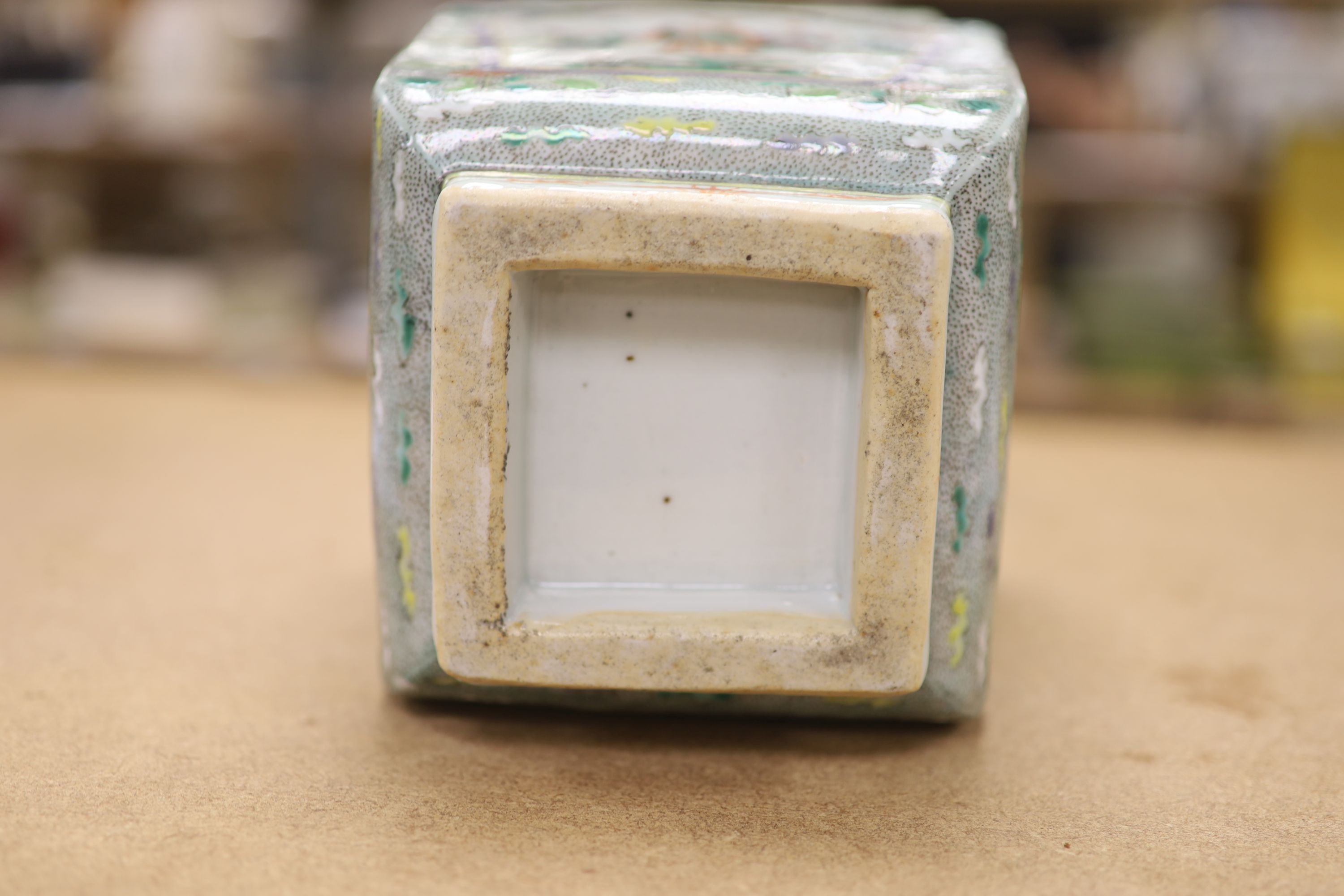 A Chinese famille verte square baluster vase, 19th century, height 32cm, restored neck